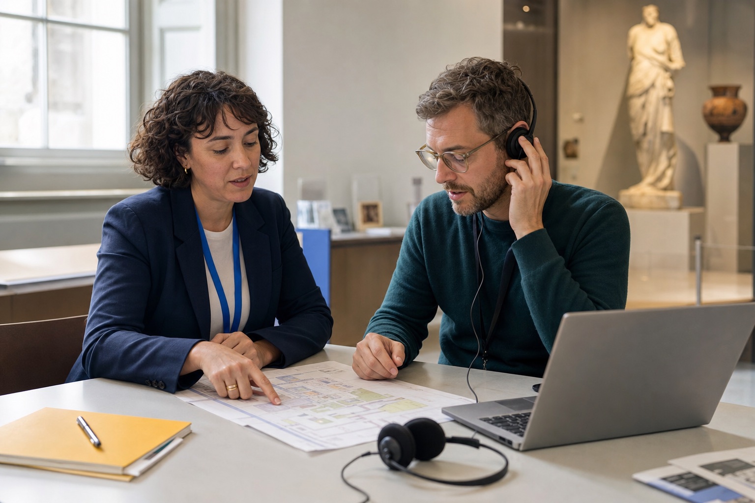 Venue representative and media planner reviewing an audio sponsor message beside a museum map