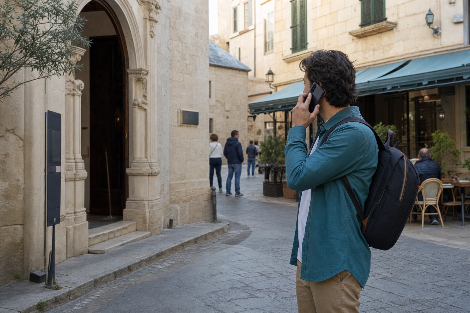 Visitor listening by phone between a heritage venue and a local café