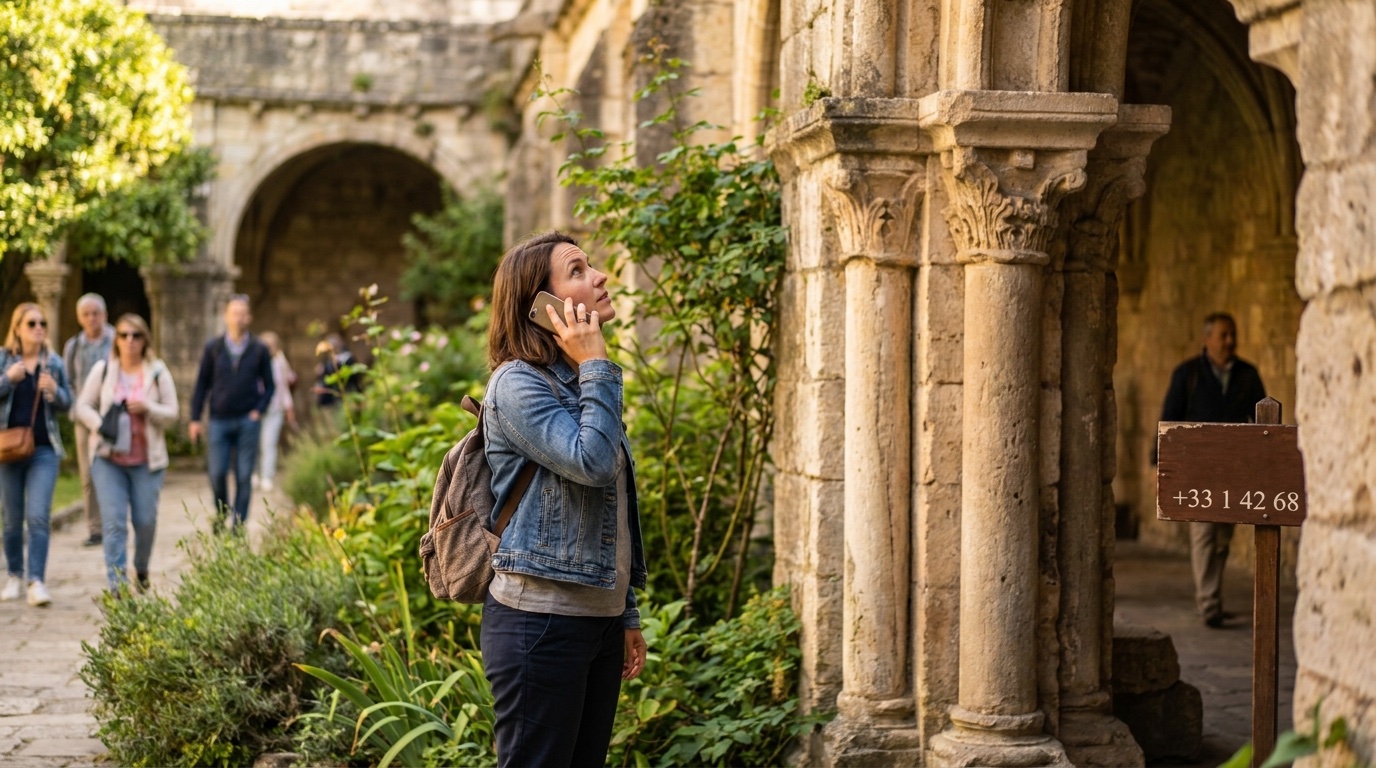 Visitor using a phone-based audio guide at a historic site