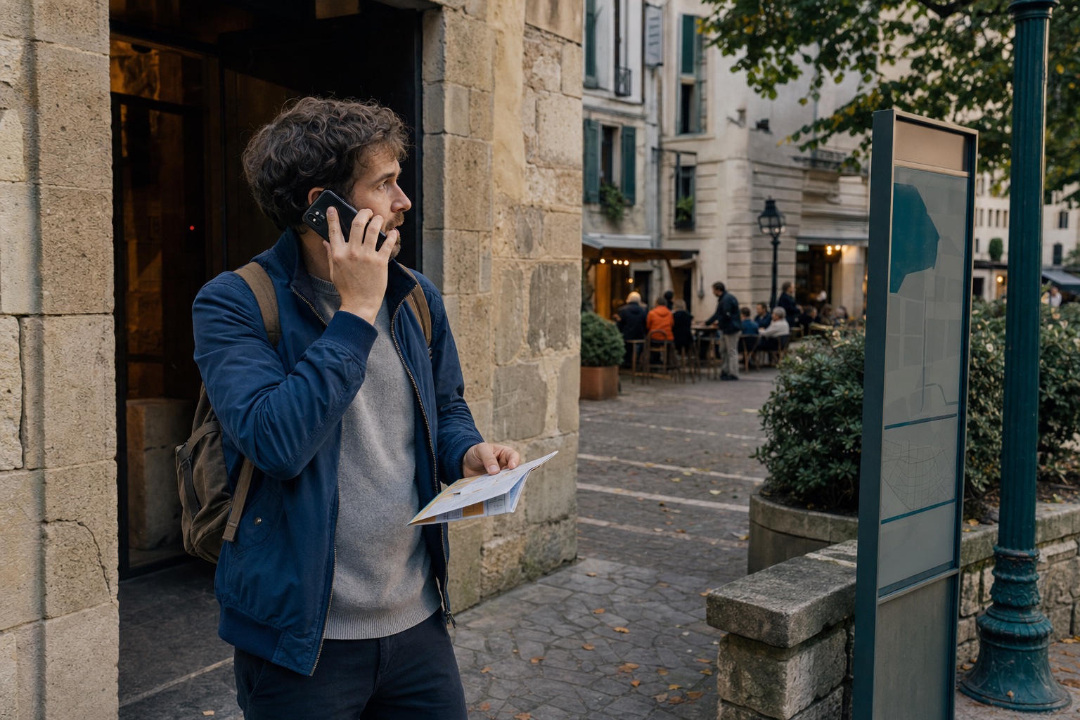 Visitor listening by phone outside a heritage venue while checking a route map near a café