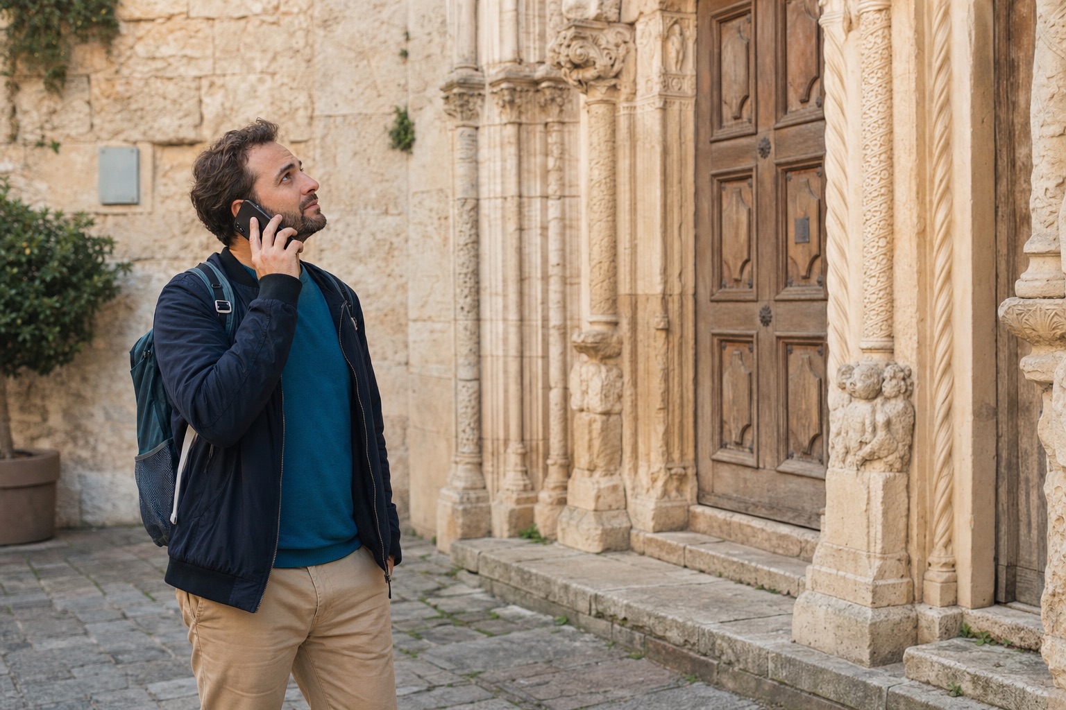 Heritage-site visitor listening to a phone audio guide while looking at carved stonework