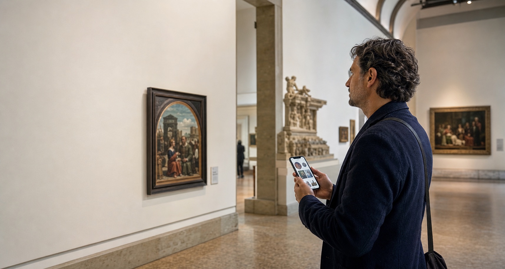 Museum visitor comparing a smartphone multimedia guide with a painting in the gallery