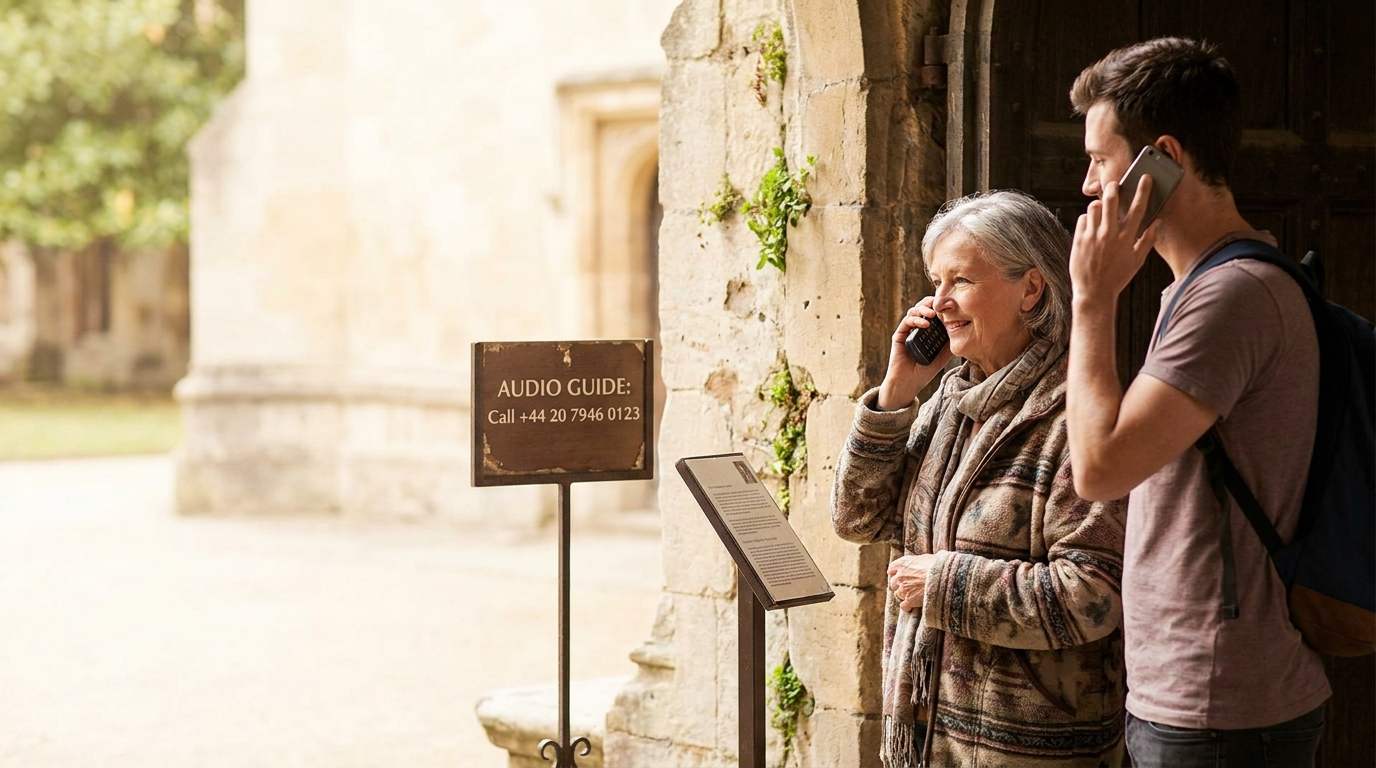 Visitors calling a phone audio guide beside a sign at a heritage site