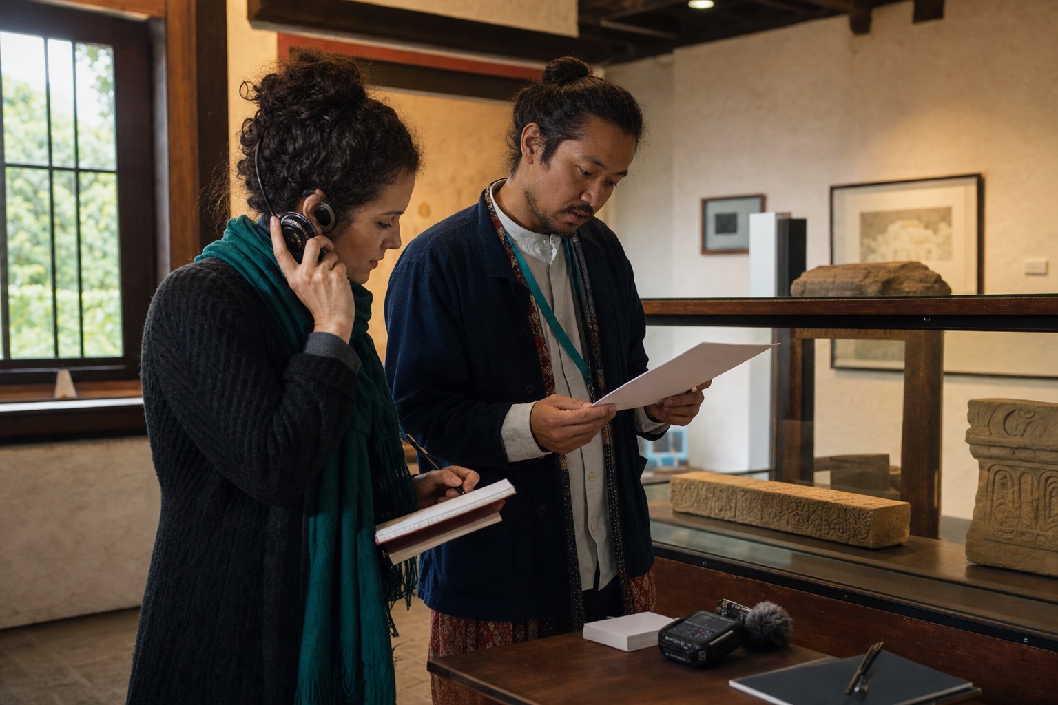 A curator and language editor reviewing an audio guide script and recording beside a museum exhibit