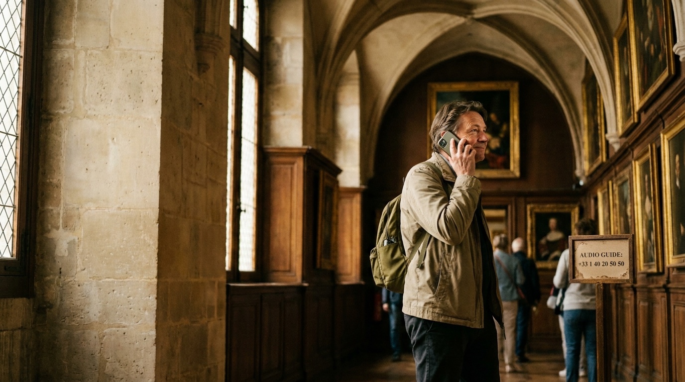 Museum visitor using a phone-based audio guide in a gallery