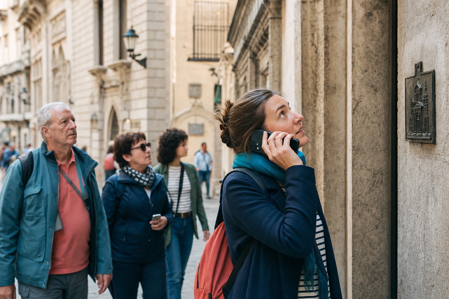 Visitors following a phone-based self-guided audio tour on a historic city street
