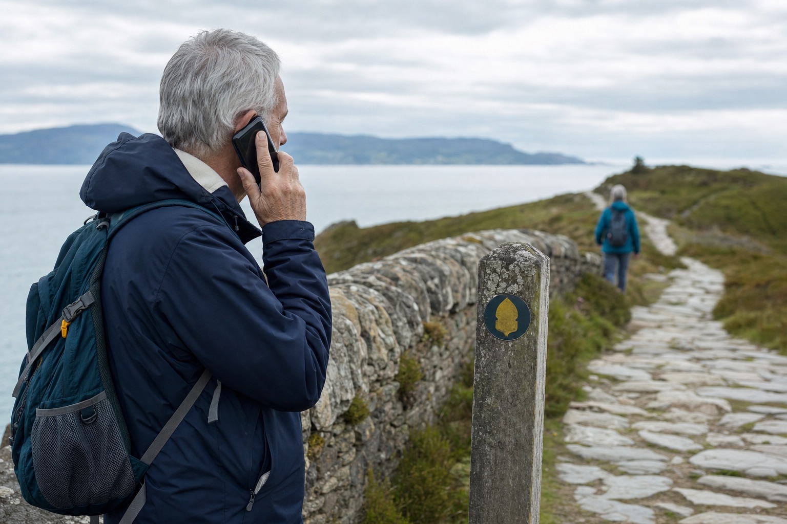 Older visitor listening to a phone audio guide beside a marker on a coastal heritage trail